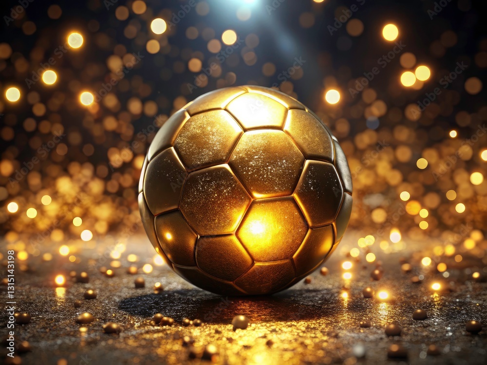 Fototapeta premium Golden Soccer Ball Night Photography, Festive Glow, Illuminated Sphere, Sports Ball, Holiday Lights