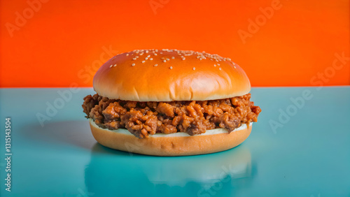 Closeup of a Sloppy Joe Burger on a Blue and Orange Background photo