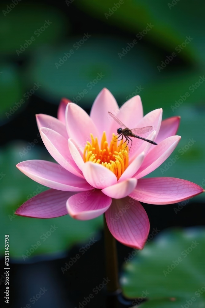 Close-up view, water lily and dragonfly detail , green, vibrant Close-up view, water lily and dragonfly detail , green, vibrant