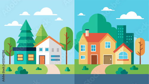 The before and after photos of the neighborhood displaying the incredible difference made by the dedicated residents.. Vector illustration