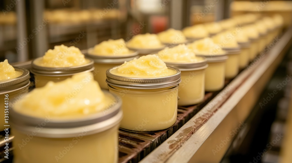 Rows of filled jars on a conveyor belt in a food production facility. Rows of filled jars on a conveyor belt in a food production facility.