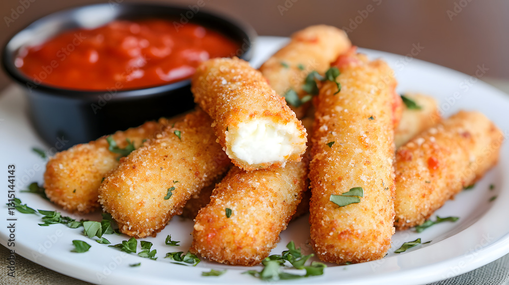 Crispy mozzarella sticks served with marinara sauce as a light and delicious appetizer to start an Italian dinner. Crispy mozzarella sticks served with marinara sauce as a light and delicious appetizer to start an Italian dinner.
