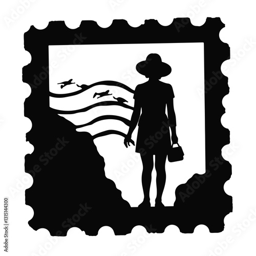 Silhouette of a woman holding a bag on a vintage stamp, nostalgia