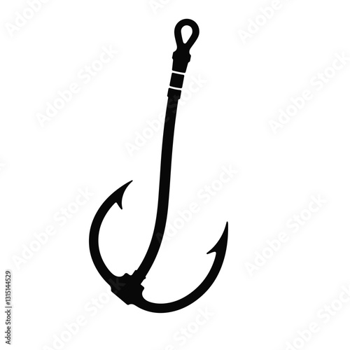 Bold fishing hook silhouette on white background, aquatic symbolism