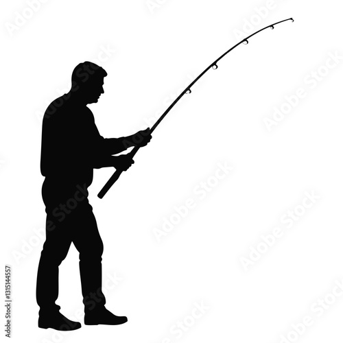 Fisherman silhouetted against white background, angling for tranquility