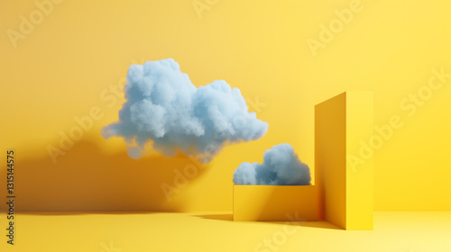 A surreal scene with a blue cloud floating above a yellow box against a yellow background, creating a minimalist and artistic composition.