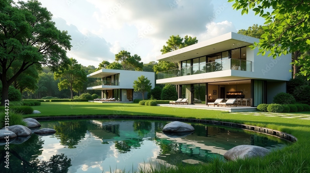 Modern Architectural Dwellings Nestled in a Serene Landscape Featuring a Reflective Pond Modern Architectural Dwellings Nestled in a Serene Landscape Featuring a Reflective Pond