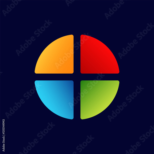 A circle is divided into four equal quadrants with bright orange, red, blue, and green colors.