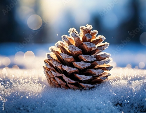 Gefrorener Tannenzapfen mit glitzernden Eiskristallen – Stimmungsvolle Winterfotografie aus der Natur photo