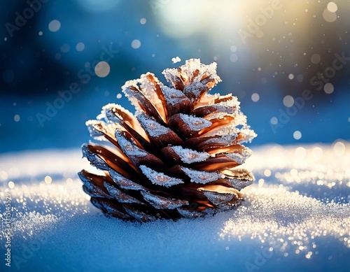 Gefrorener Tannenzapfen mit glitzernden Eiskristallen – Stimmungsvolle Winterfotografie aus der Natur photo