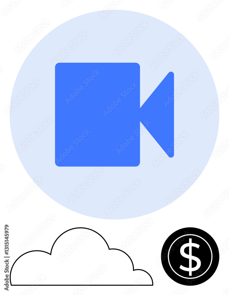 Blue video camera, cloud, and dollar sign highlight online video services and pricing options. Ideal for media, cloud storage, finance, streaming, technology marketing e-commerce. Flat simple Blue video camera, cloud, and dollar sign highlight online video services and pricing options. Ideal for media, cloud storage, finance, streaming, technology marketing e-commerce. Flat simple