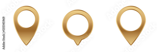 Set of three golden map marker icons symbolize navigation, useful for digital maps and interfaces.