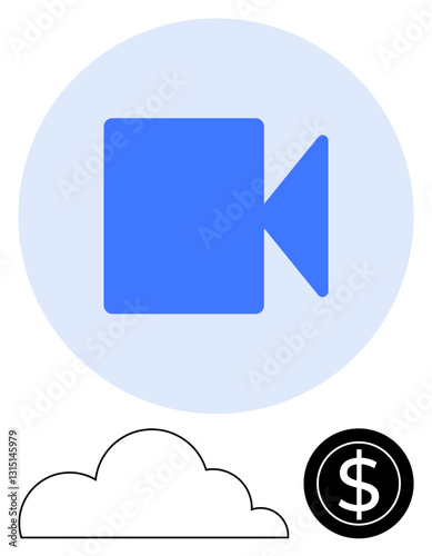 Blue video camera, cloud, and dollar sign highlight online video services and pricing options. Ideal for media, cloud storage, finance, streaming, technology marketing e-commerce. Flat simple