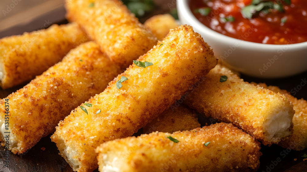 Crispy mozzarella sticks with a golden-brown crust, served with a zesty sweet and sour dipping sauce for a unique flavor pairing. Crispy mozzarella sticks with a golden-brown crust, served with a zesty sweet and sour dipping sauce for a unique flavor pairing.