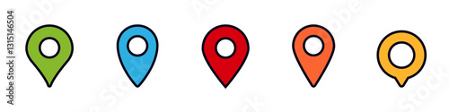 Five colorful location markers are shown, each in a distinct shape and color combination.