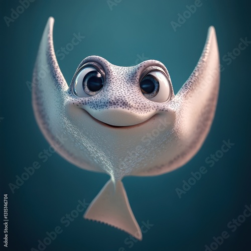 Graceful stingray swimming smoothly, calm demeanor, glowing full-body depiction radiating elegance on a bright white backdrop.