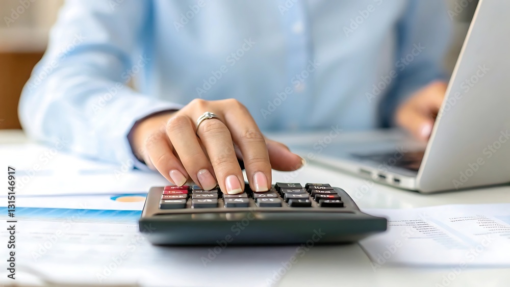 Calculating Success: Close-up of a woman's hand using a calculator, working diligently on financial documents with a laptop in the background. A detail-oriented image symbolizing financial planning. Calculating Success: Close-up of a woman's hand using a calculator, working diligently on financial documents with a laptop in the background. A detail-oriented image symbolizing financial planning.