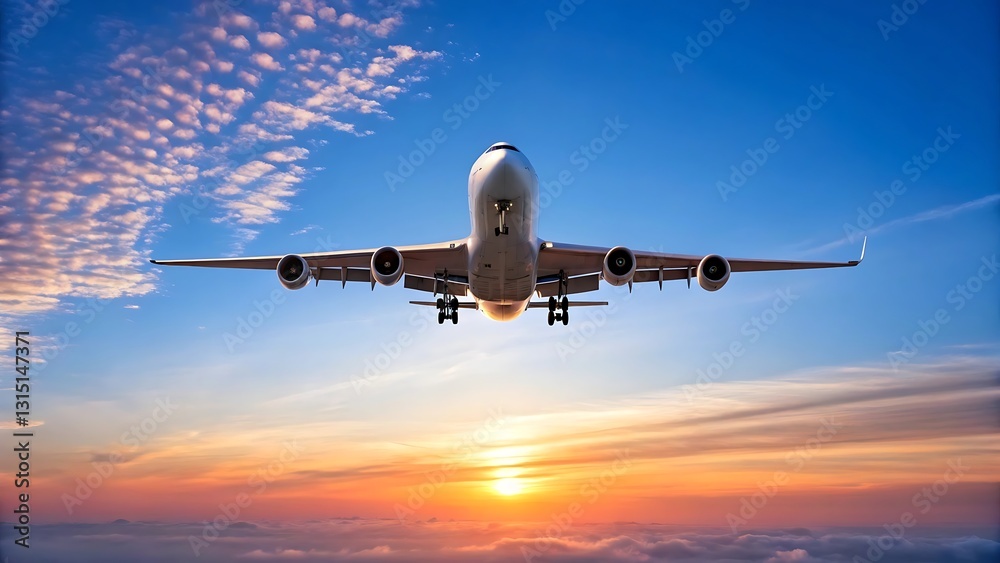Soaring Horizon: An airplane gracefully ascends against a backdrop of a vibrant sky, with the radiant sun illuminating the clouds, symbolizing freedom and adventure. Soaring Horizon: An airplane gracefully ascends against a backdrop of a vibrant sky, with the radiant sun illuminating the clouds, symbolizing freedom and adventure.