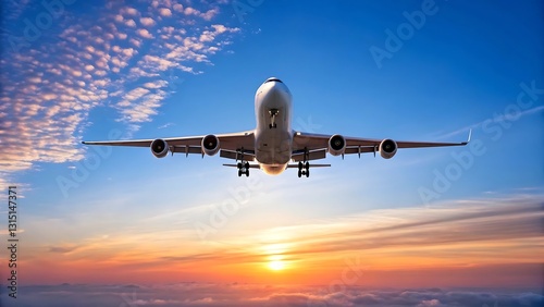 Soaring Horizon: An airplane gracefully ascends against a backdrop of a vibrant sky, with the radiant sun illuminating the clouds, symbolizing freedom and adventure.