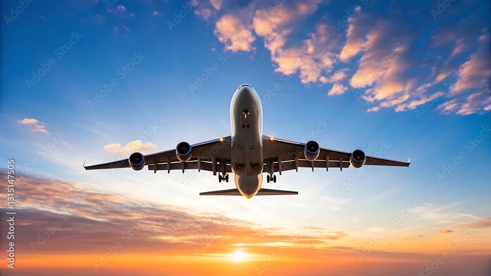 Soaring Above the Horizon: An airliner takes flight against a vibrant backdrop of a dramatic sunset sky, the image suggesting travel and aviation Soaring Above the Horizon: An airliner takes flight against a vibrant backdrop of a dramatic sunset sky, the image suggesting travel and aviation