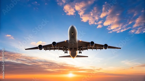  Soaring Above the Horizon: An airliner takes flight against a vibrant backdrop of a dramatic sunset sky, the image suggesting travel and aviation