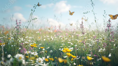 A tranquil meadow with tall grass, wildflowers, and a few butterflies fluttering around in