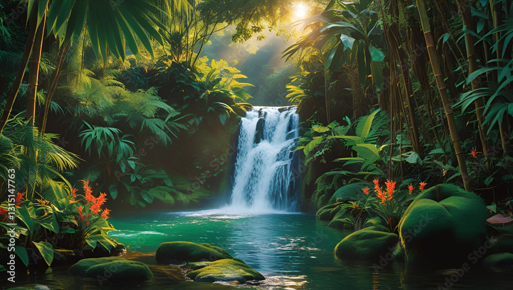Hidden Tropical Waterfall with Lush Greenery and Sunlit Mist Hidden Tropical Waterfall with Lush Greenery and Sunlit Mist