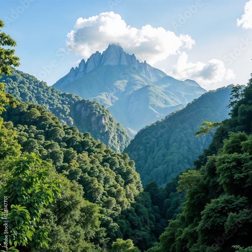 Breathtaking mountain landscape with lush greenery and dramatic peaks under a blue sky