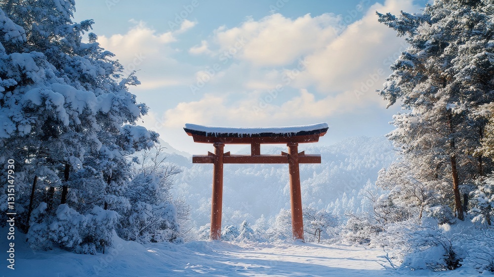 Snow-laden torii gate in serene mountain landscape Snow-laden torii gate in serene mountain landscape
