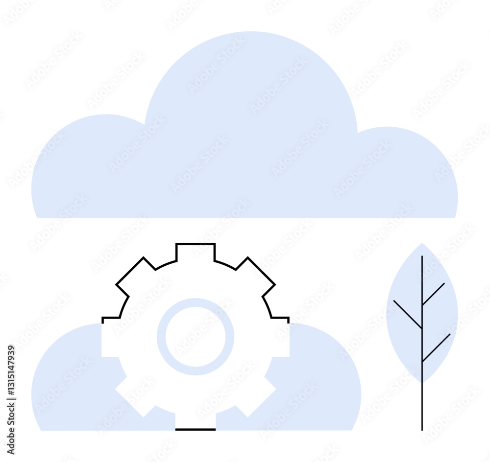Cloud shapes with a central gear represent technology and innovation. A minimalist tree signifies sustainability. Ideal for technology, eco-concepts, innovation, cloud systems, digitalization, green Cloud shapes with a central gear represent technology and innovation. A minimalist tree signifies sustainability. Ideal for technology, eco-concepts, innovation, cloud systems, digitalization, green