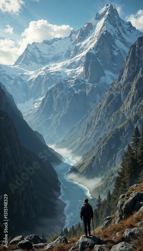 Hiker standing at the edge of a breathtaking mountain valley with a river and snowy peaks