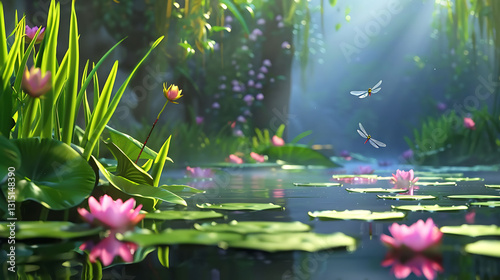 A tranquil pond with lily pads, blooming flowers, and a few dragonflies hovering above in