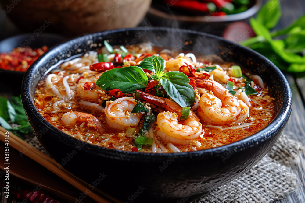 Title: A steaming bowl of Malaysian laksa with shrimp, red chili paste, fresh herbs, and coconut broth, served in a bustling Kuala Lumpur street market Title: A steaming bowl of Malaysian laksa with shrimp, red chili paste, fresh herbs, and coconut broth, served in a bustling Kuala Lumpur street market