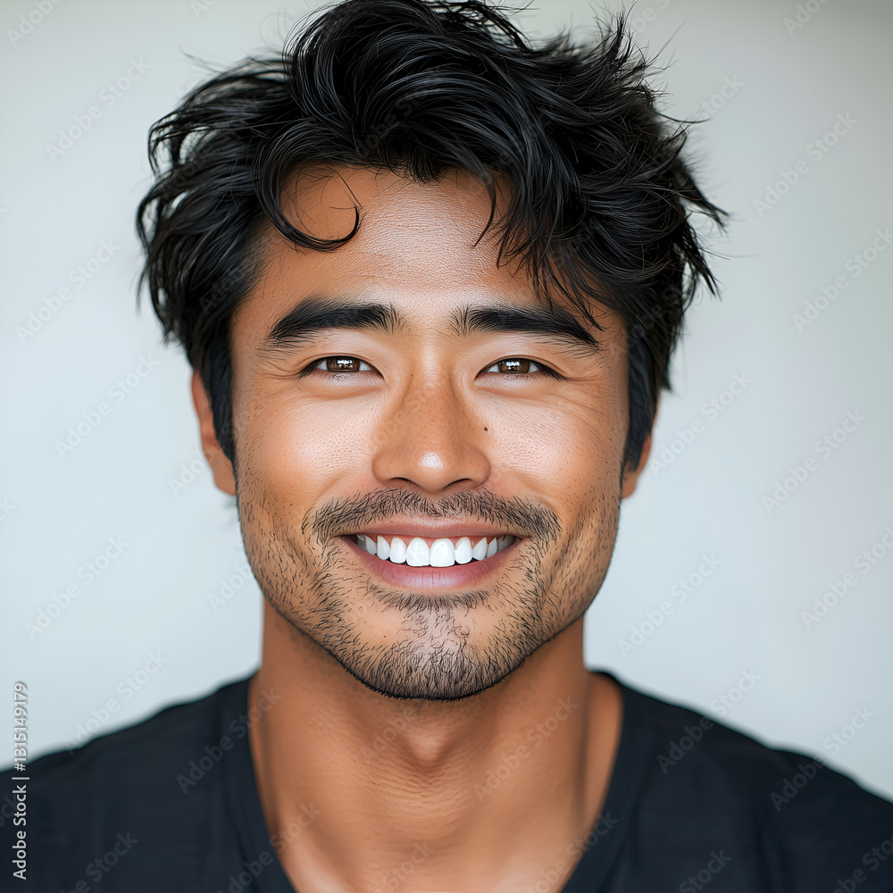 Smiling Man Portrait: Confident and Casual Headshot with Bright Smile and Expressive Eyes on Light Background Smiling Man Portrait: Confident and Casual Headshot with Bright Smile and Expressive Eyes on Light Background
