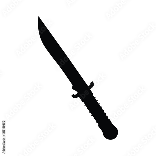Black Silhouette of a Curved Blade Knife with Textured Grip Handle