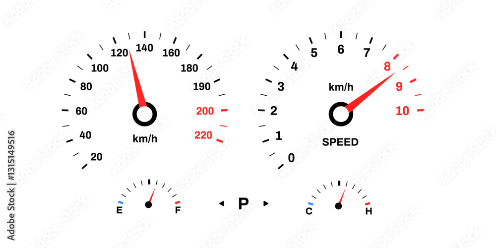 Naklejka premium Vehicle dashboard showing current speed in km h and fuel levels for efficient driving experience.
