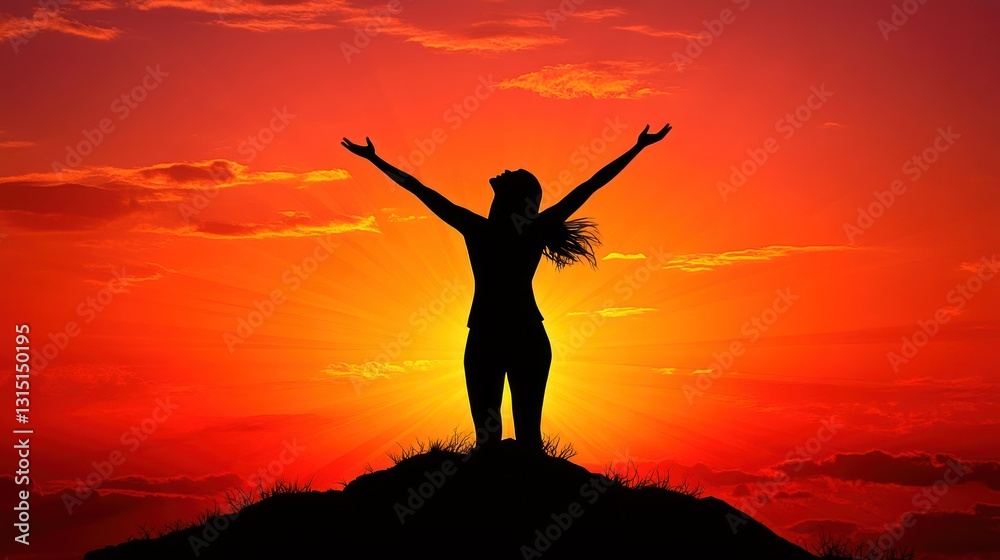 Woman silhouette on hilltop at sunset, arms raised in joy. Woman silhouette on hilltop at sunset, arms raised in joy.