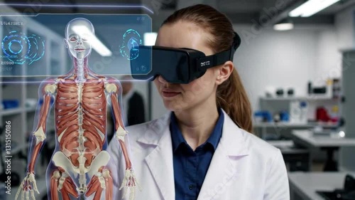 Scientist Using AR Glasses to Interact with Holographic Human Anatomy Model