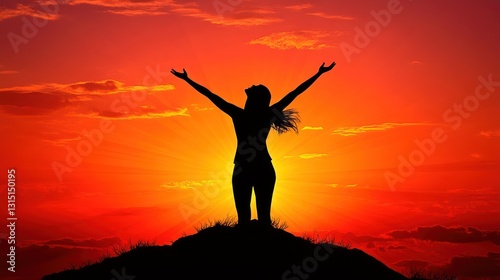 Wallpaper Mural Woman silhouette on hilltop at sunset, arms raised in joy. Torontodigital.ca