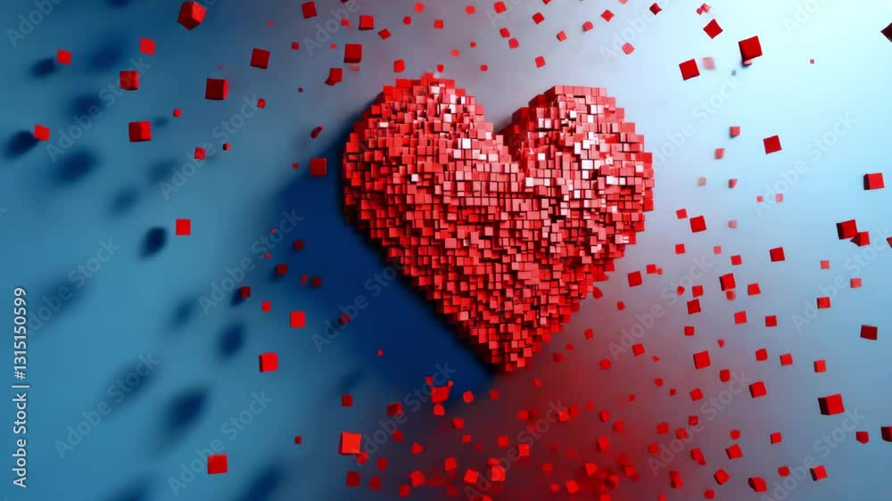Video of a heart made of small blocks forming a 3D shape, postcard design. Valentine concept