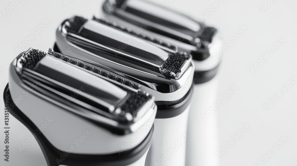 A close-up of an electric razor with multiple shaving heads, on a white isolated background A close-up of an electric razor with multiple shaving heads, on a white isolated background