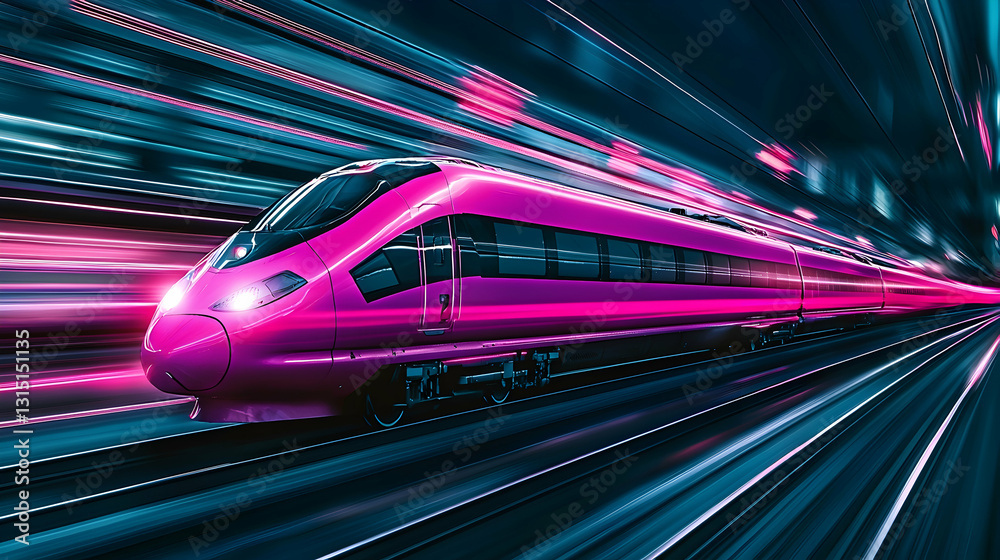 Fototapeta premium Pink high-speed train speeding through city tunnel at night; motion blur effect
