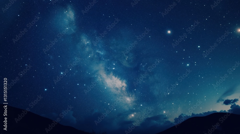 Naklejka premium Night sky reveals a stunning display of stars and galaxies above a serene mountain landscape