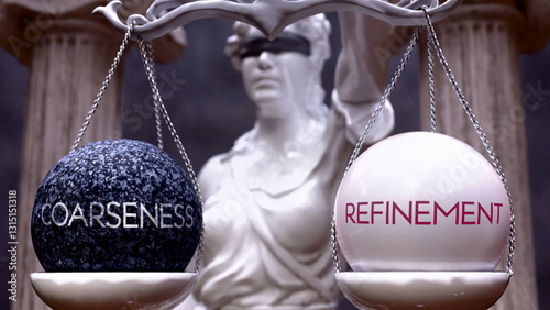 Coarseness or Refinement as a choice, two options to choose from. Greek statue presenting two alternatives: coarseness or refinement, weighing their values. Looking at pros and cons. ,3d illustration