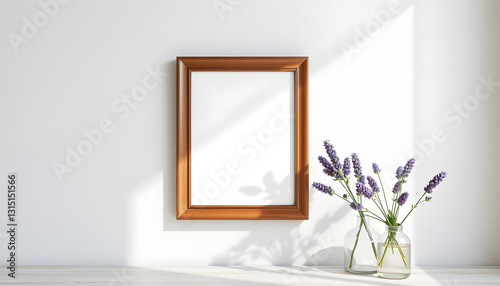 Portrait frame mockup with copy space for artwork, photo, painting, print presentation and lavender flowers in a vase near white textured wall, flat design. with white shades