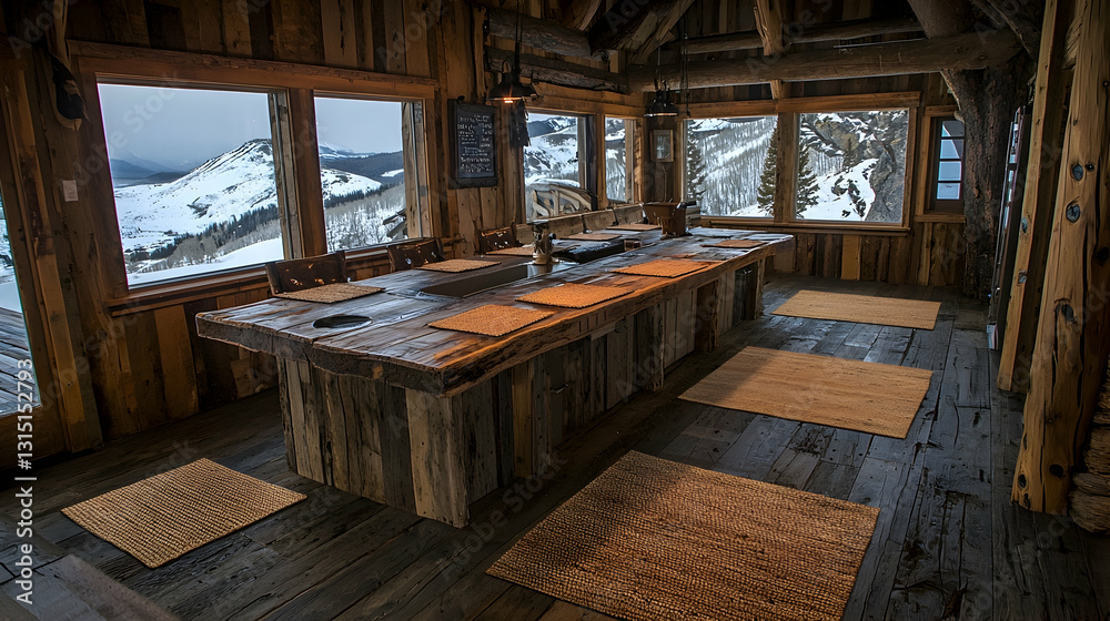 Fototapeta premium Rustic mountain cabin kitchen with stunning snowy view, ideal for real estate or travel brochures
