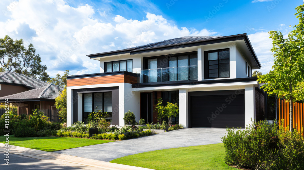 Stunning contemporary home surrounded by lush greenery in the early evening light Stunning contemporary home surrounded by lush greenery in the early evening light