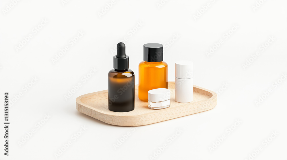 Minimalist skincare product display with natural wooden tray isolated on a white background, cosmetics mockup 