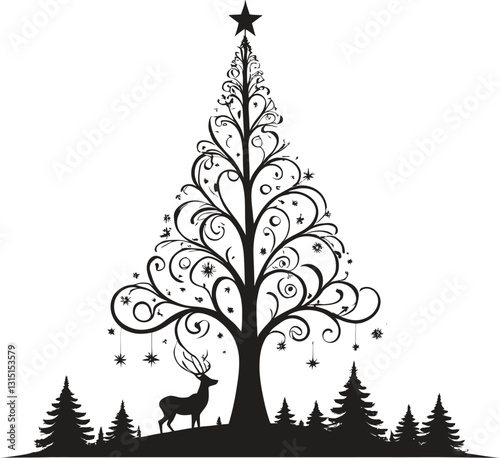 Elegant Christmas Tree with Swirls and Reindeer - Black and White Holiday Vector Illustration