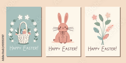 cute set of three easter cards with bunny, easter basket with eggs, flowers in pastel shades. Vector art on easter theme with a group of three cards